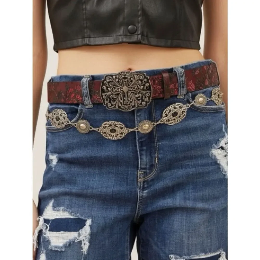 Western Silver Floral Concho Chain Belt - Boho Ornate Etched Medallion NWT
